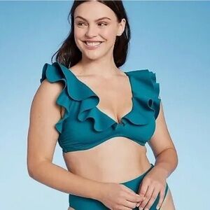 Shade and Shore 32B Ruffle Bikini Top Swimsuit Bralette Blue V Neck Plunge Small